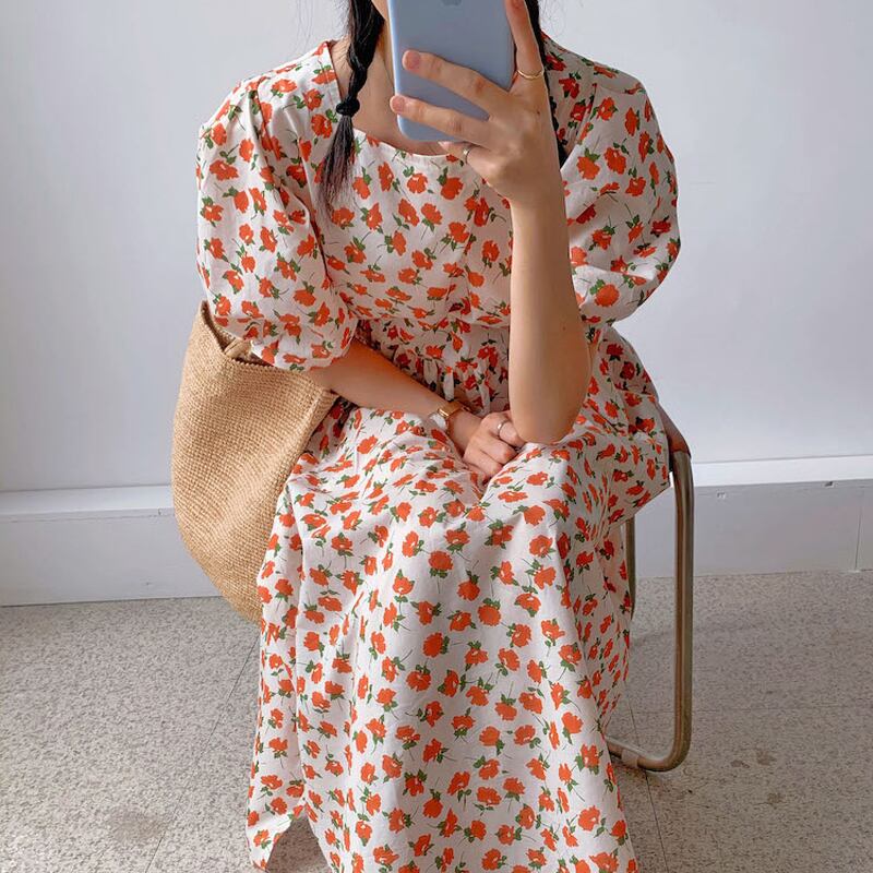 フローラルドレス サマーカジュアルルーズスリムラウンドネック半袖スリーブスカート ショート ハーフスリーブ 夏物 花柄 Oネック ビッグFスモールZ韓国28245410618