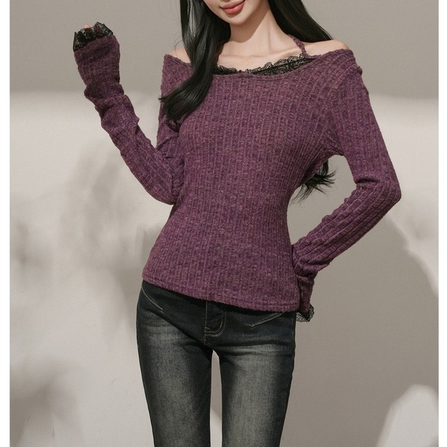 lace v-neck halter-neck 2way knit m1175