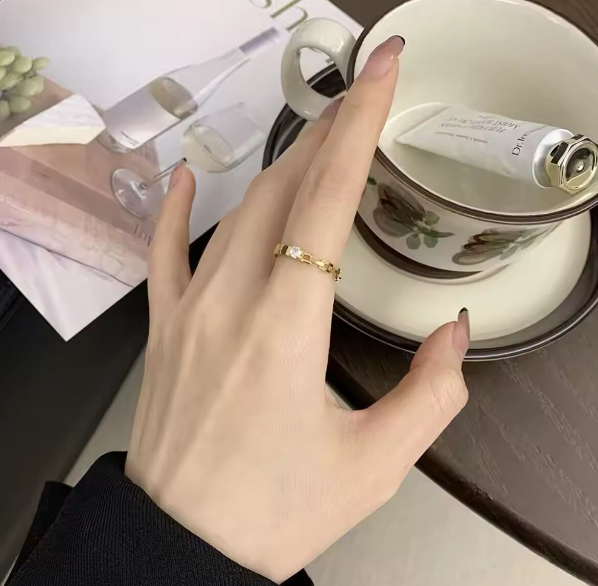 金アレ対応 316L キラキラストーン×チェーンリング(0656)