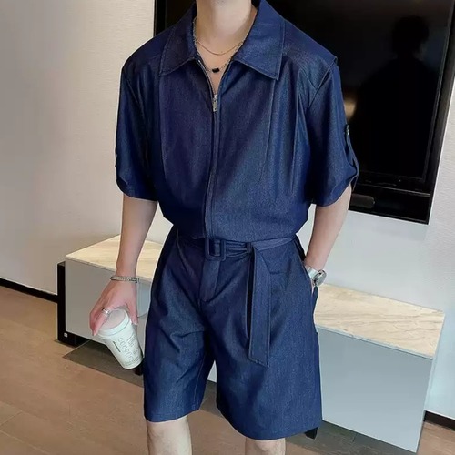 【予約販売】メンズ セットアップ 上下 半袖シャツ ジップアップ ハーフパンツ ブルー ブラック シンプル ストリート  部屋着 韓国 カジュアル 春 夏 大きいサイズ M/L/XL/2XL