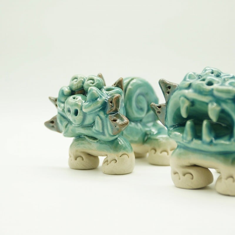 まなつ様専門　シーサー　3点 門柱シーサー 伏せ横（灰釉）作 糸満工芸苑