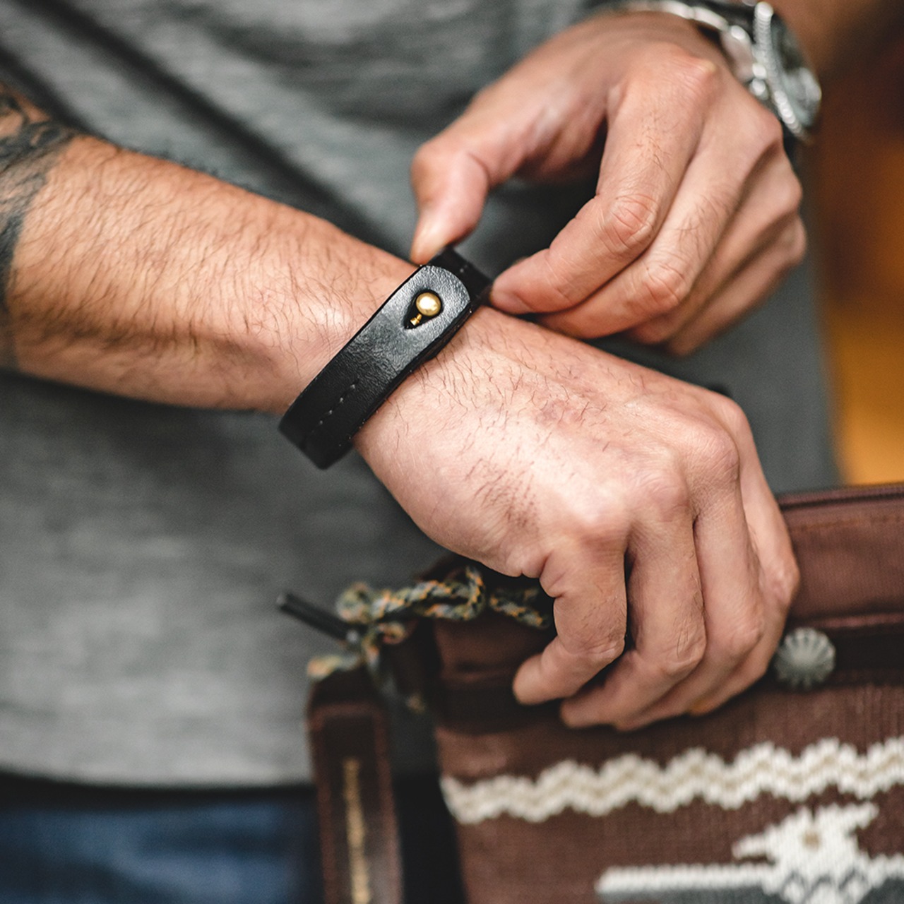 Minimal Leather Copper Button Bracelet / ミニマル レザー カッパーボタン ブレスレット