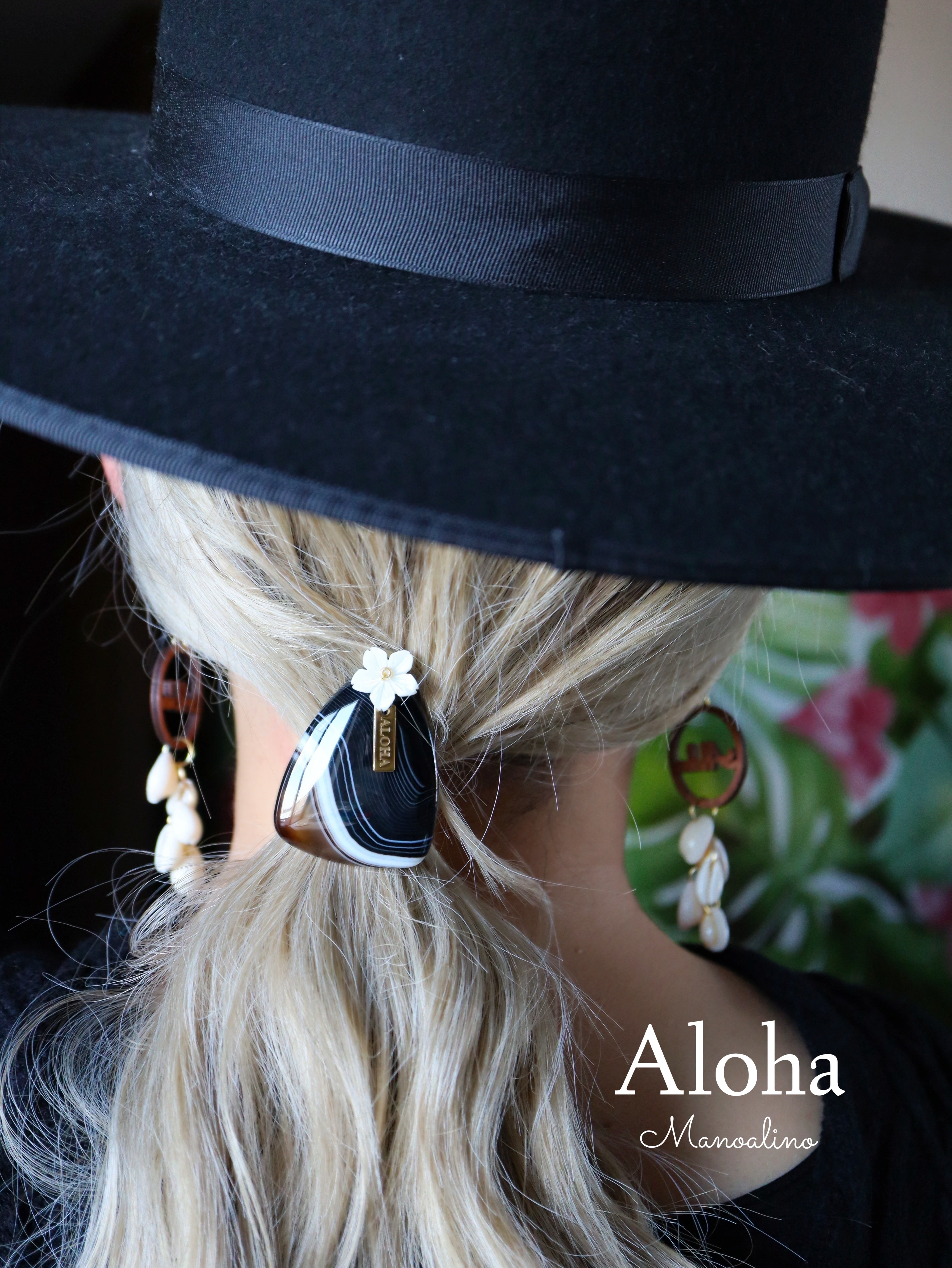 Black agate×Plumeria hair accessory(ブラックアゲート瑪瑙天然石
