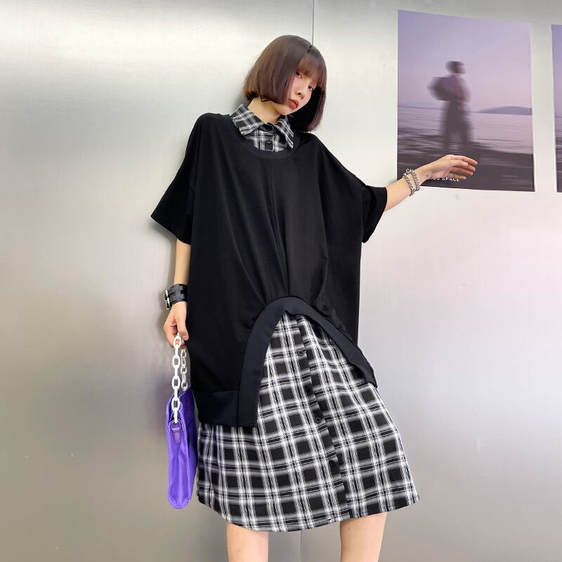 ブラックホワイト格子柄ドレス サマールーズ薄手スタンダードカラーシャツ ロングスカート レトロ 夏物 ラブタオタオダレンハウス662360561