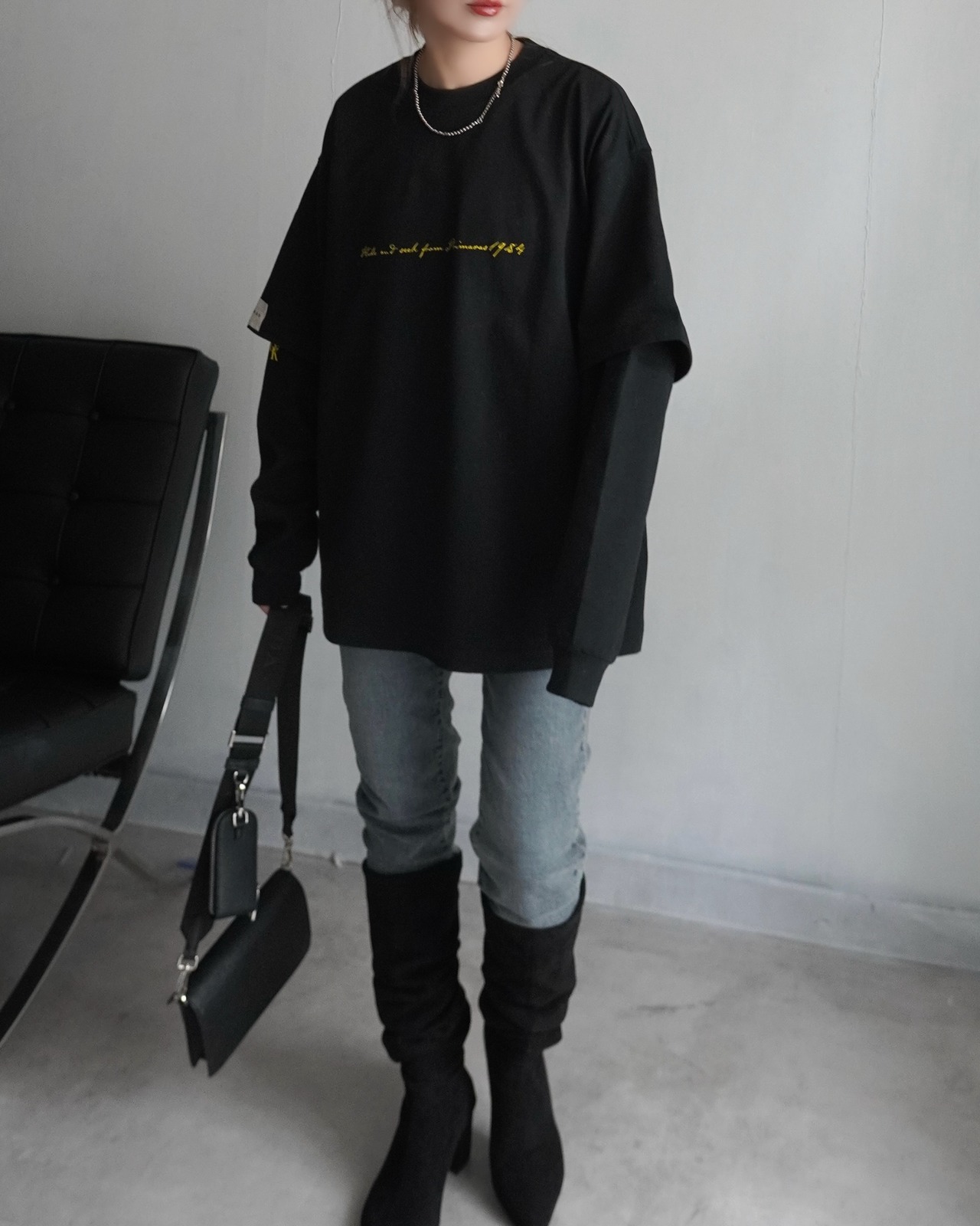 【HIDE AND SEEK 24-25NEW/REVAIVAL】Patch layered designロンTスウェット／ブラック