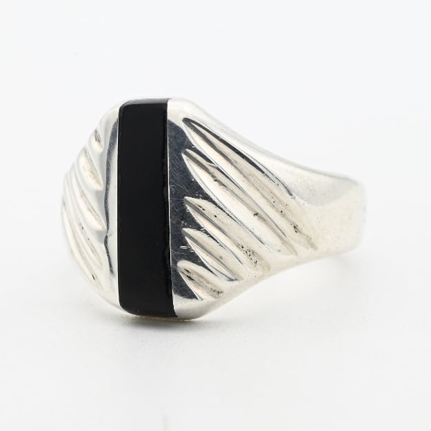 Black Onyx Accent Regimental Cutting Design Ring #16.5 / Mexico