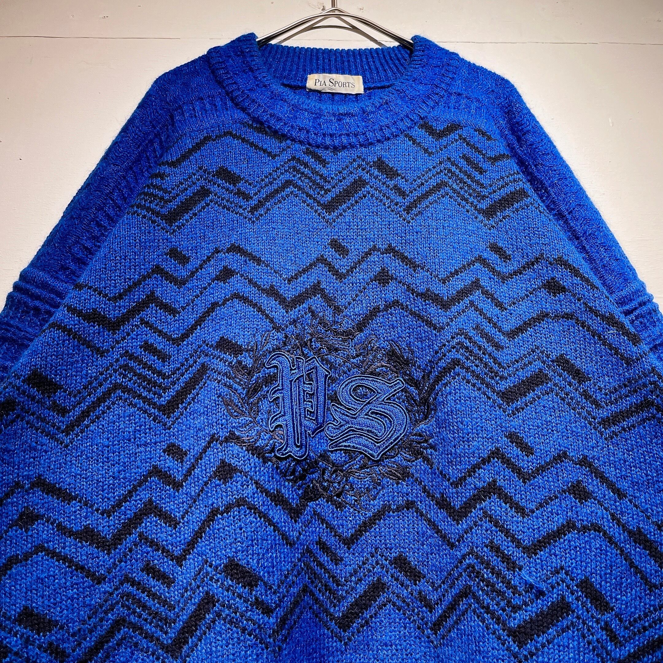 1990s Vivid Blue color zigzag pattern design loose silhouette vintage knit