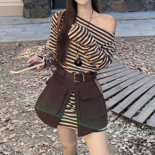 【3点セット】ボーダーワンショルワンピ＋オープンスカート＋ベルト ・72837