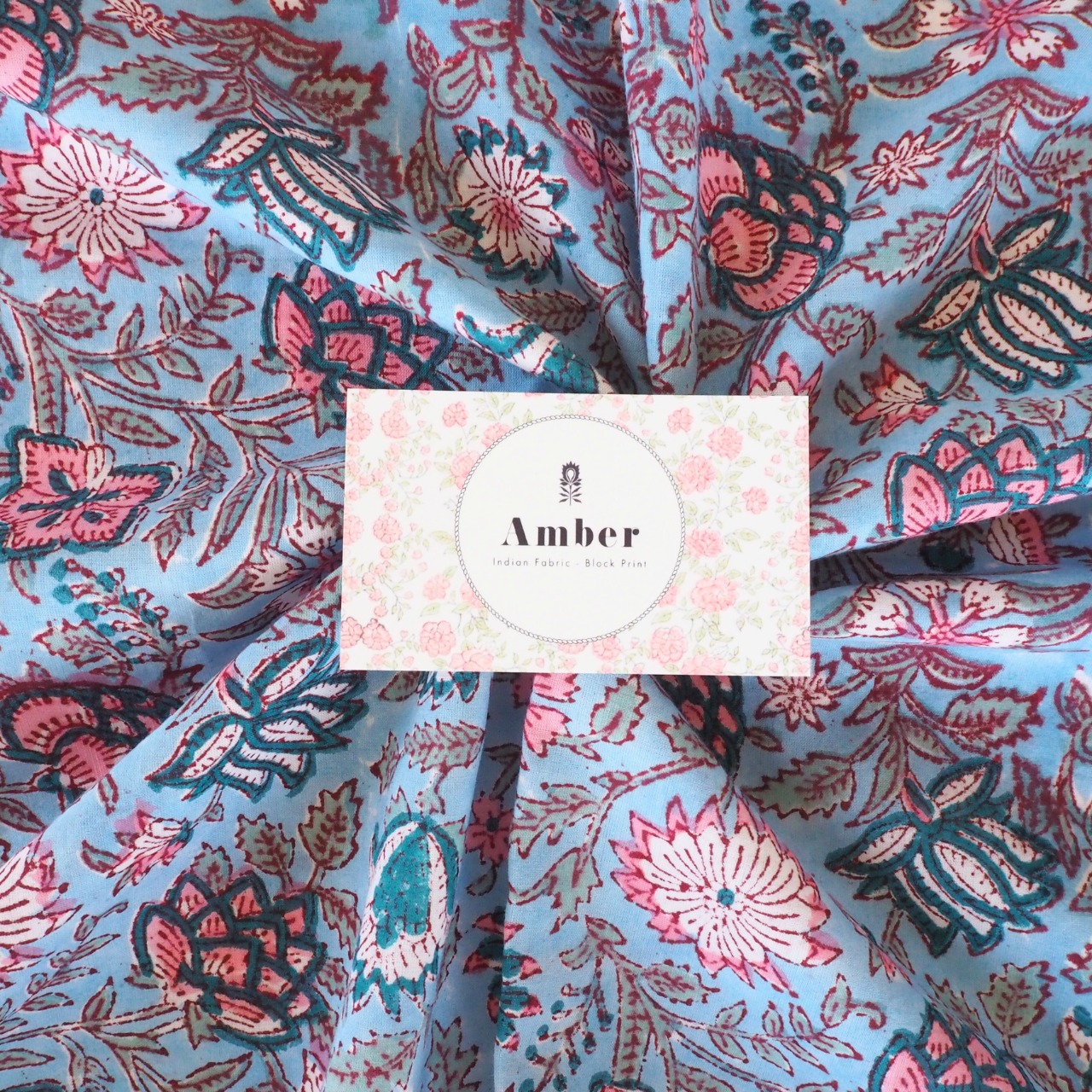 ブロックプリント生地【50cm単位】インド綿 花柄 水色×ピンク #10610-SB1