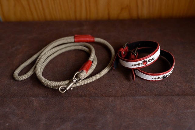 深い赤の革の首輪と登山用のロープを使ったリードのセット　S-sr2L3bb