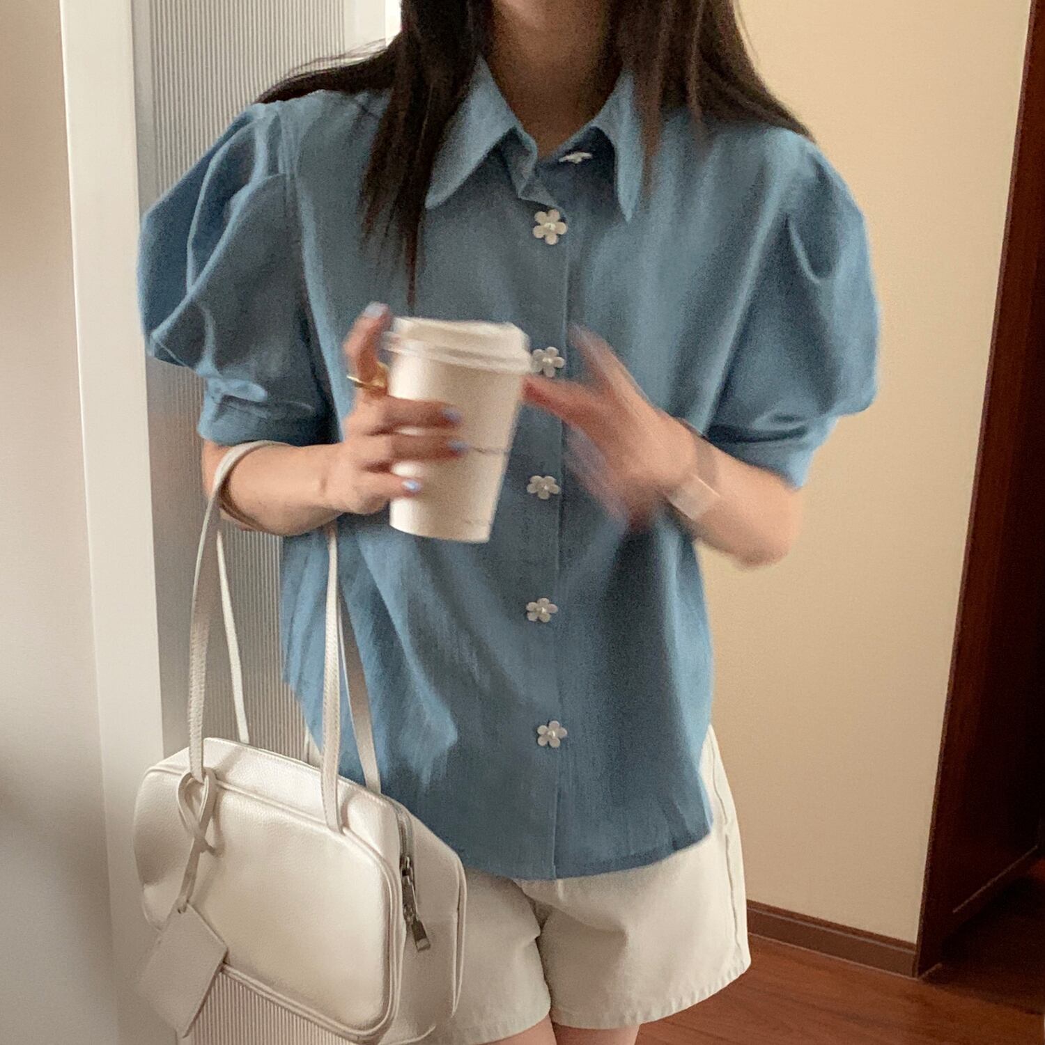 スリーブシャツ サマースタンダードFlowerデザイン バックルルーズ薄手トップス レトロ 大人ガーリー スウィート キュート カジュアル 夏物 フラワーデザイン クレセントシティ4520086531