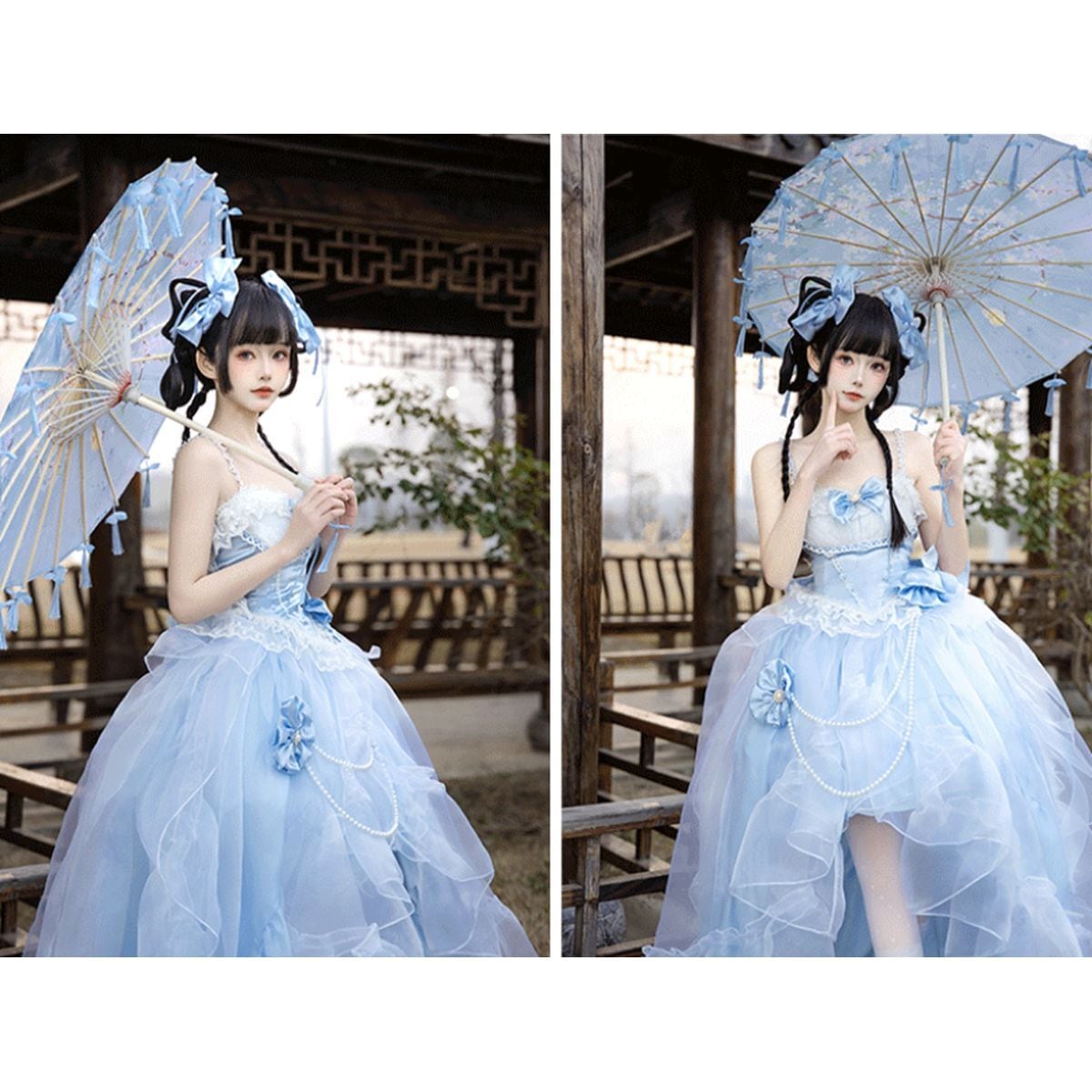 ブルーxホワイトパールチェーントフリルドレス | Maiden's Rêve