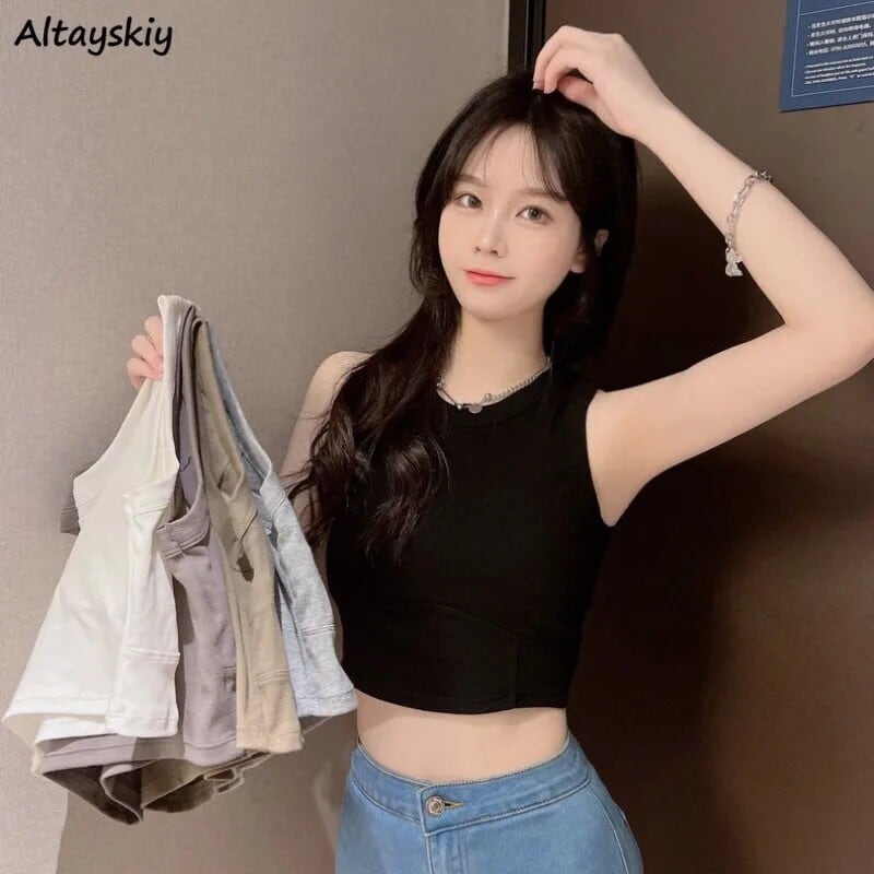 【新作】【送料無料】 スポーティなタンク女性クロップトップスミニマリストソフトカジュアル夏オールマッチノースリーブファッションスリム入札 Mujer クラシック韓国スタイル 0341235009852