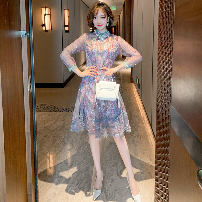 レースカラーバックルプリントドレス オータム 秋物 MIUCO44746695710