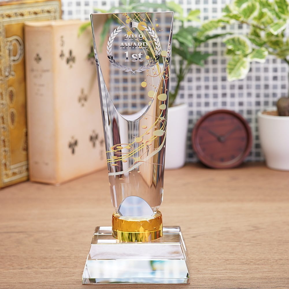 名入れ クリスタル トロフィー CR-35(大) 飾りパーツ付き 美しい 優勝