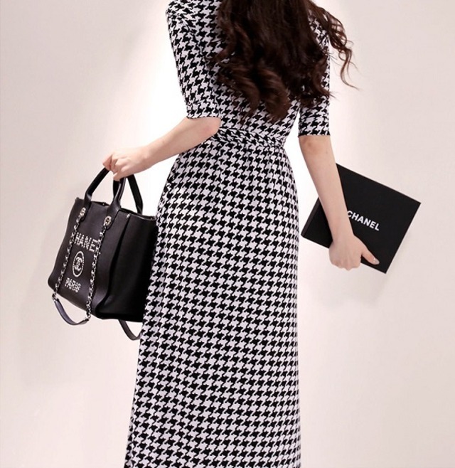 千鳥格子 カシュクール マキシ丈 ワンピース ロング丈 五分袖 サイドスリット ドレス きれいめコーデ 大人かわいい ウエストリボン ラップドレス 白黒格子 Garage Diva 106