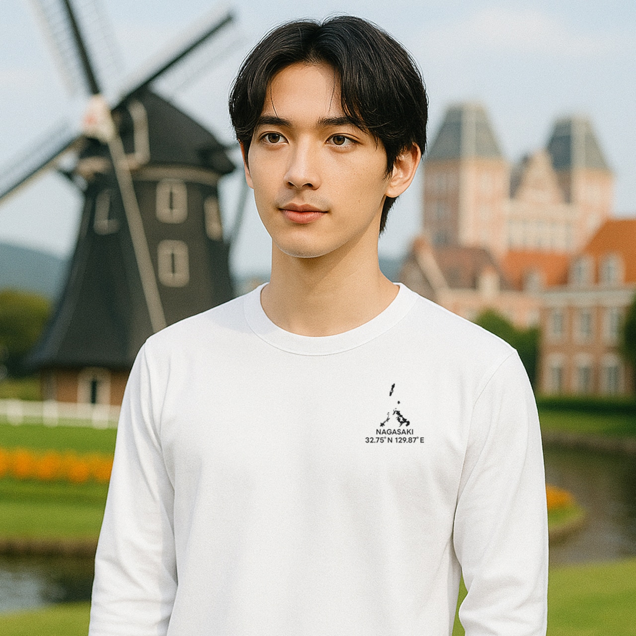 《長崎》 緯度経度ミニマルロングスリーブTシャツ|地図×地名×ワンポイントデザイン