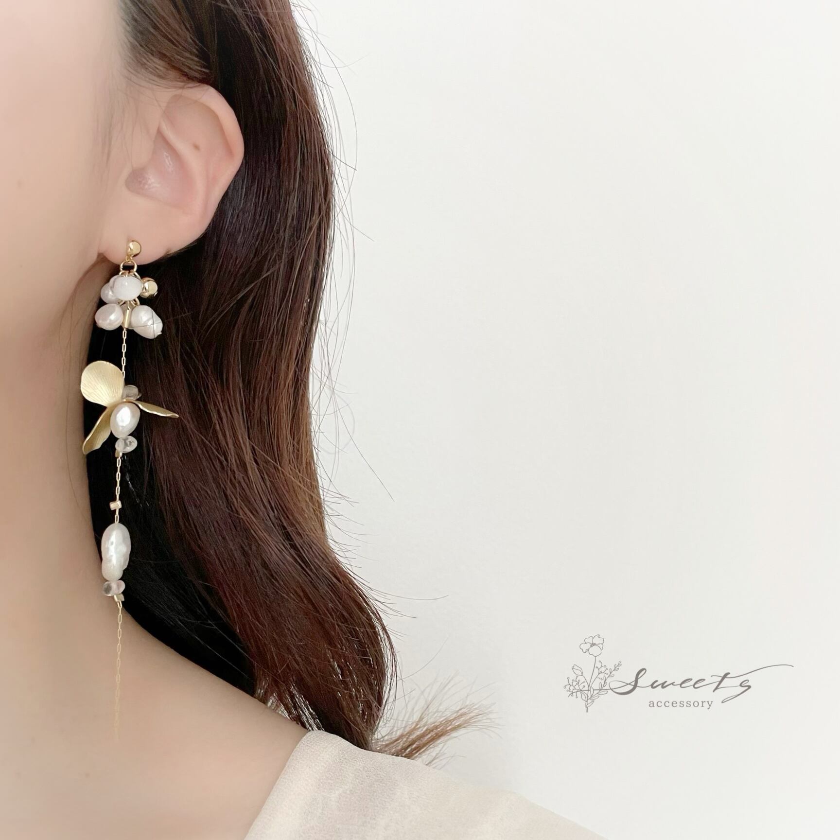 ☆❤️ 淡水パール チェーン ひねり スティック ピアス イヤリング 