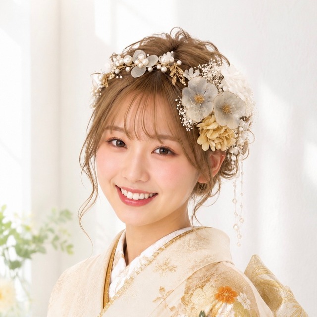 A109 AB ゴールド パールカチューシャ　髪飾り　成人式　卒業式　袴　振袖　結婚式　ドライフラワー
