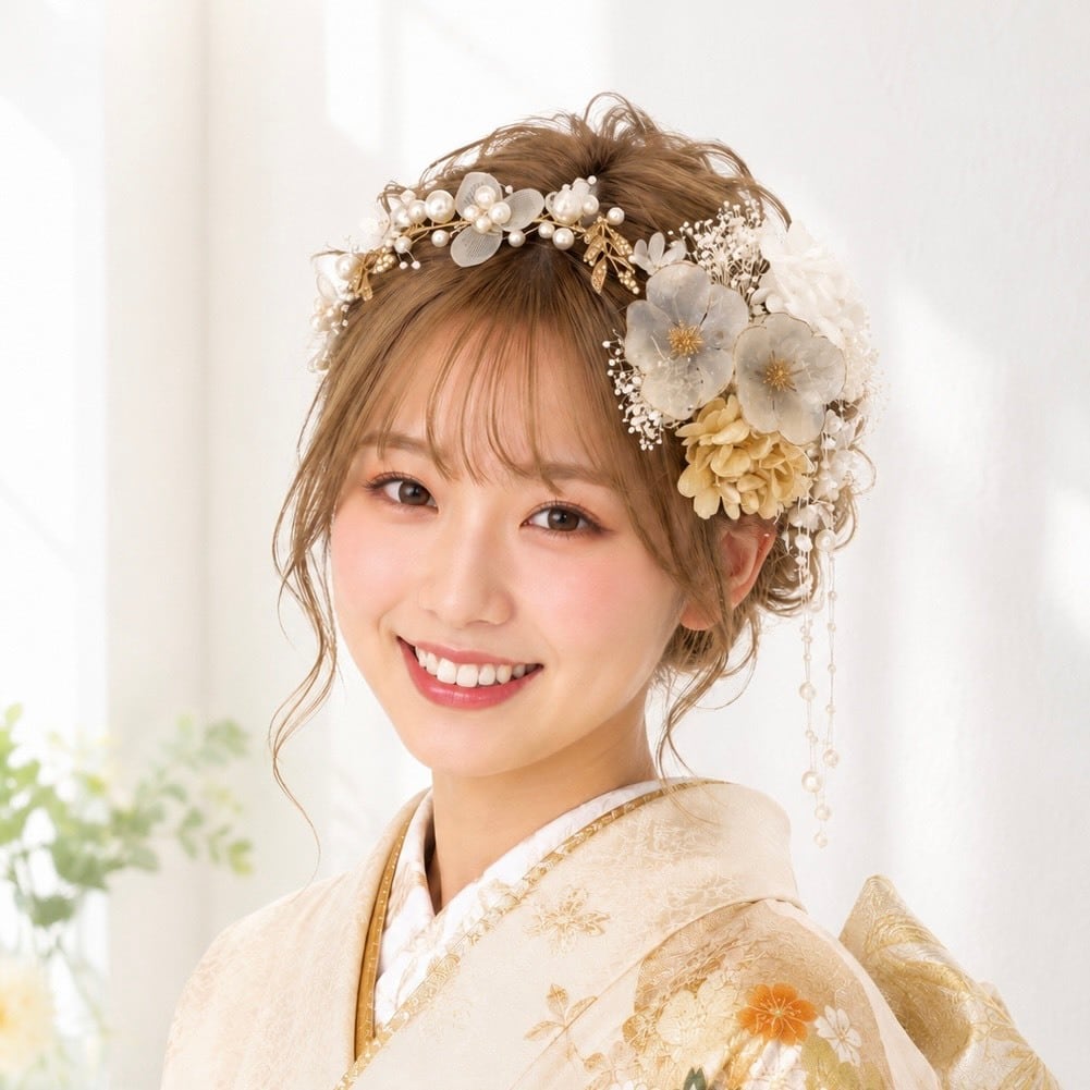 A109 AB ゴールド パールカチューシャ 髪飾り 成人式 卒業式 袴 振袖 結婚式 ドライフラワー