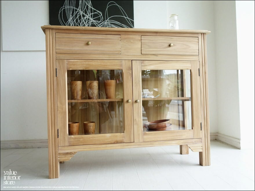 チーク無垢材 ガラスキャビネットNatl 食器棚 飾り棚 ガラスケース 収納家具 開き戸 水屋 戸棚 ナチュラル 手作り 世界三大銘木