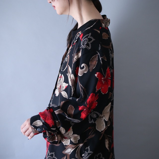 beautiful flower art pattern loose box silhouette open collar shirt