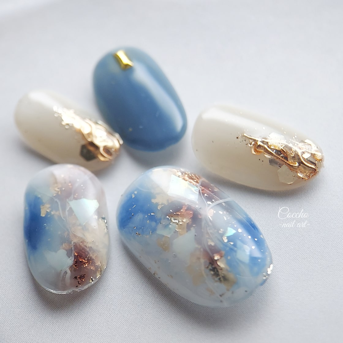 No.91 ジェルネイル ネイルチップ ニュアンスネイル 天然石 夏 青 白