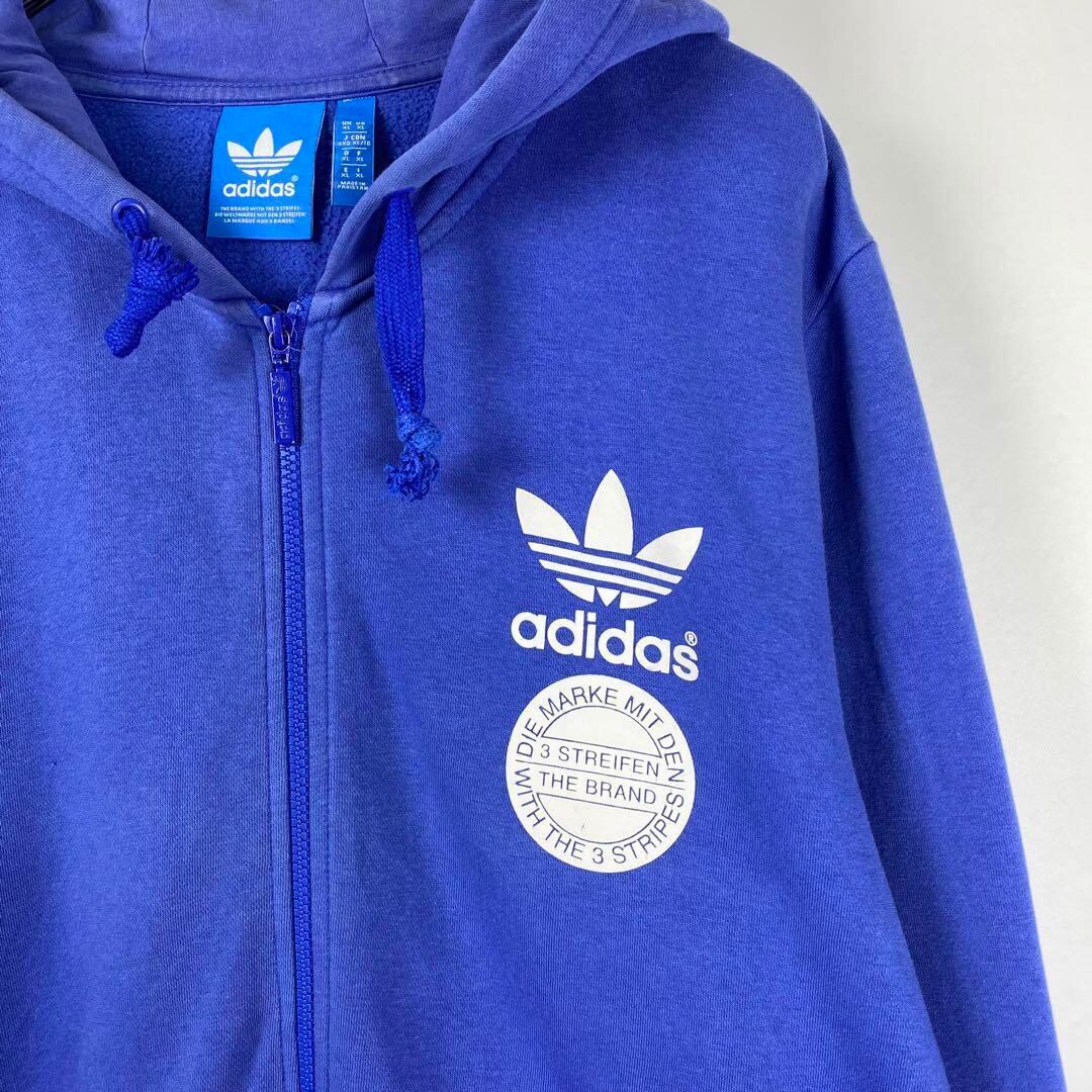 XL 古着 adidas 袖ロゴプリント トレフォイル ジップパーカー くすみ