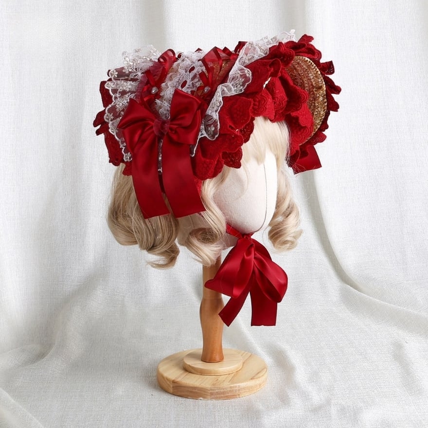 秘密の花園ボンネット|深紅の薔薇と贅沢フリルが織りなす極上のドールヘッドドレス