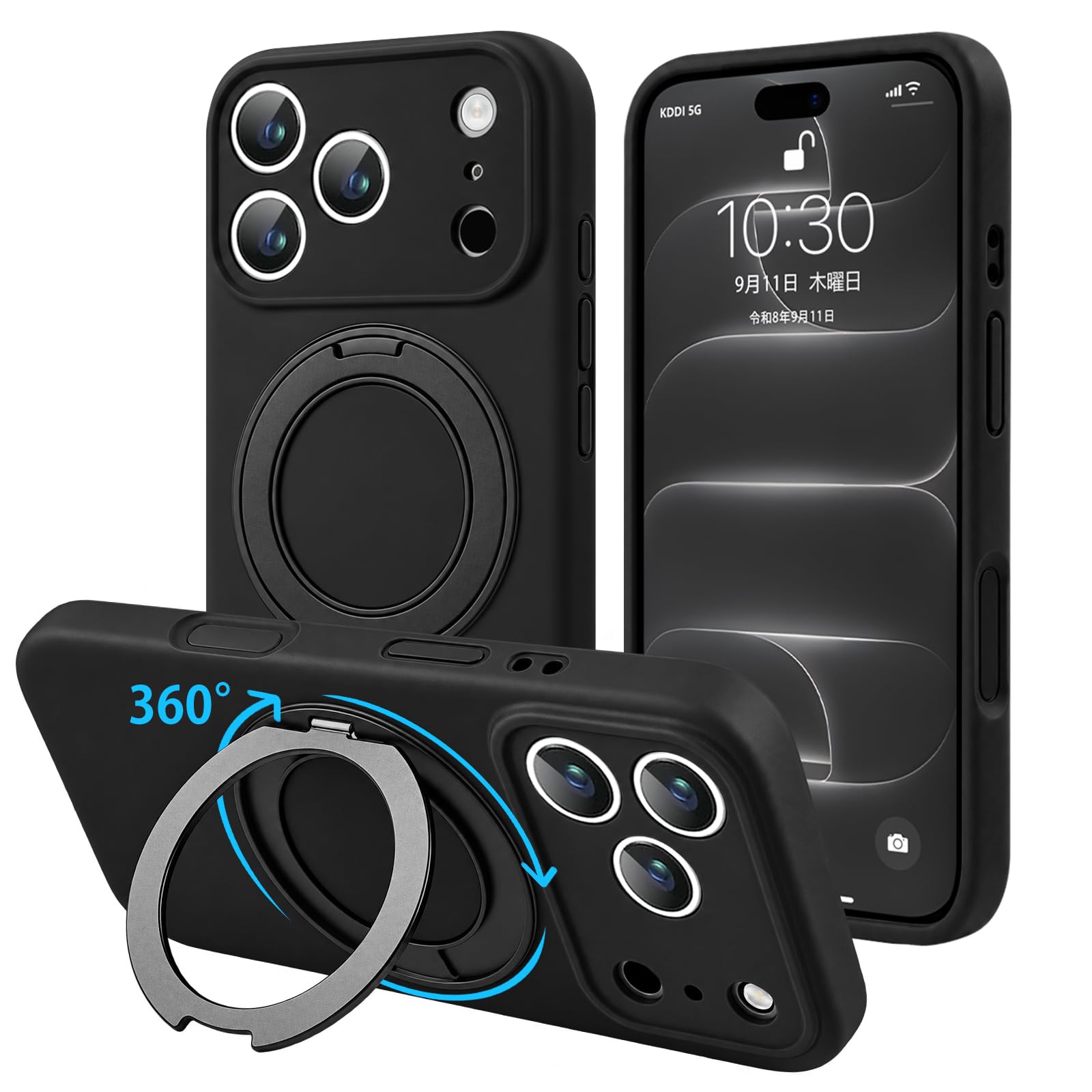 bjnosdv iPhone 18ro/17Pro 対応 ケース 液体シリコン リング360°回転スタンド機能 耐衝撃-ブラック