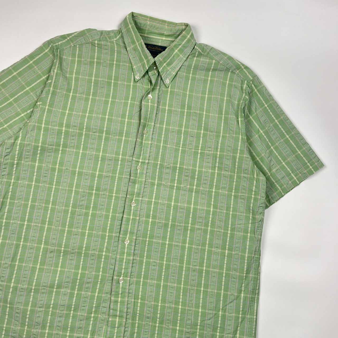 Brooks Brothers チェック BD ボタンダウン シアサッカー 半袖シャツ L/グリーン メンズ