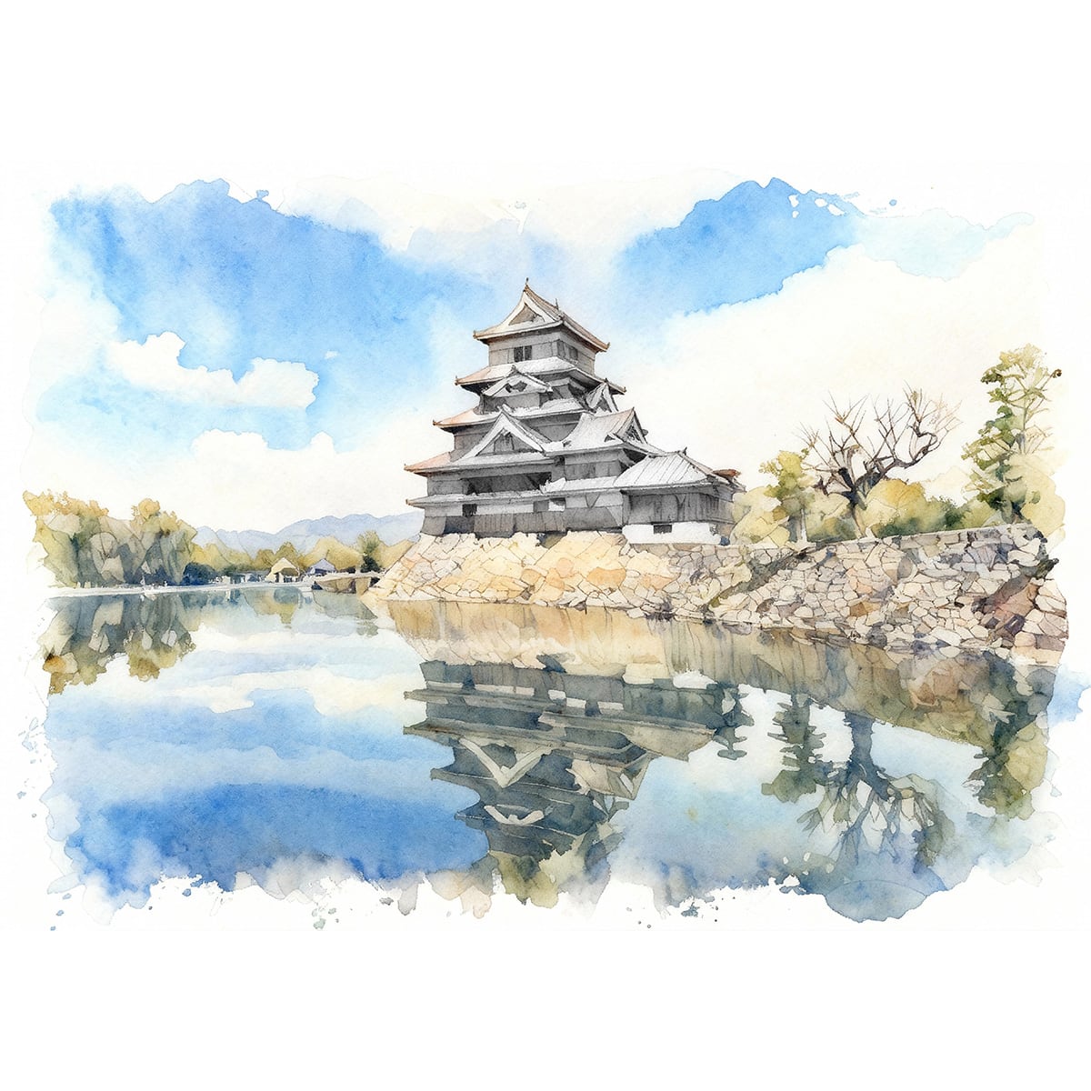 絵画 風景画 日本の城 長野県松本城 インテリアアート額付き 水彩画