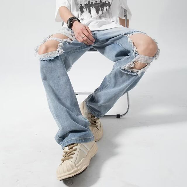 【予約販売】デニム ボトムス メンズ ダメージ加工 ワイドレッグ ジーパン カジュアル こなれ感 お洒落 韓国 トレンド M/L/XL/2XL/3XL