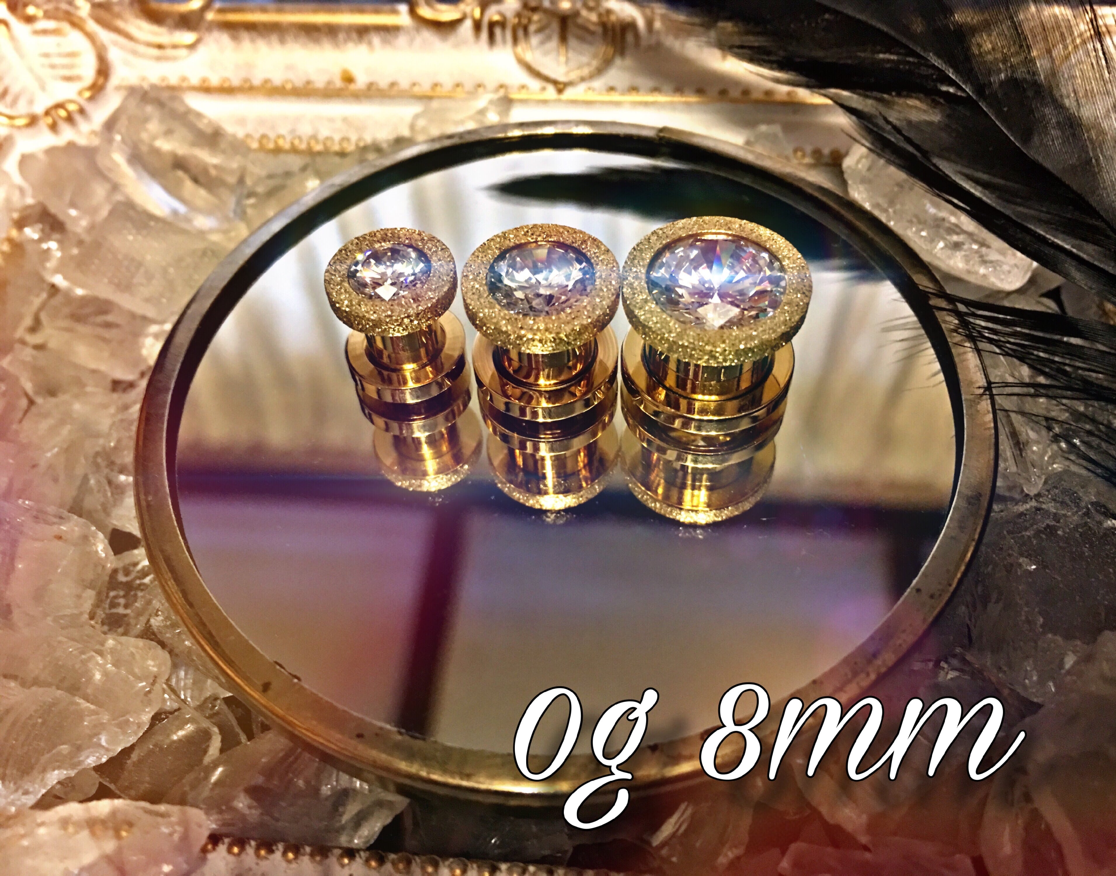 0G 8mm 1pc ゴールド ジュエルトンネル スティール フレア  ボディピアス