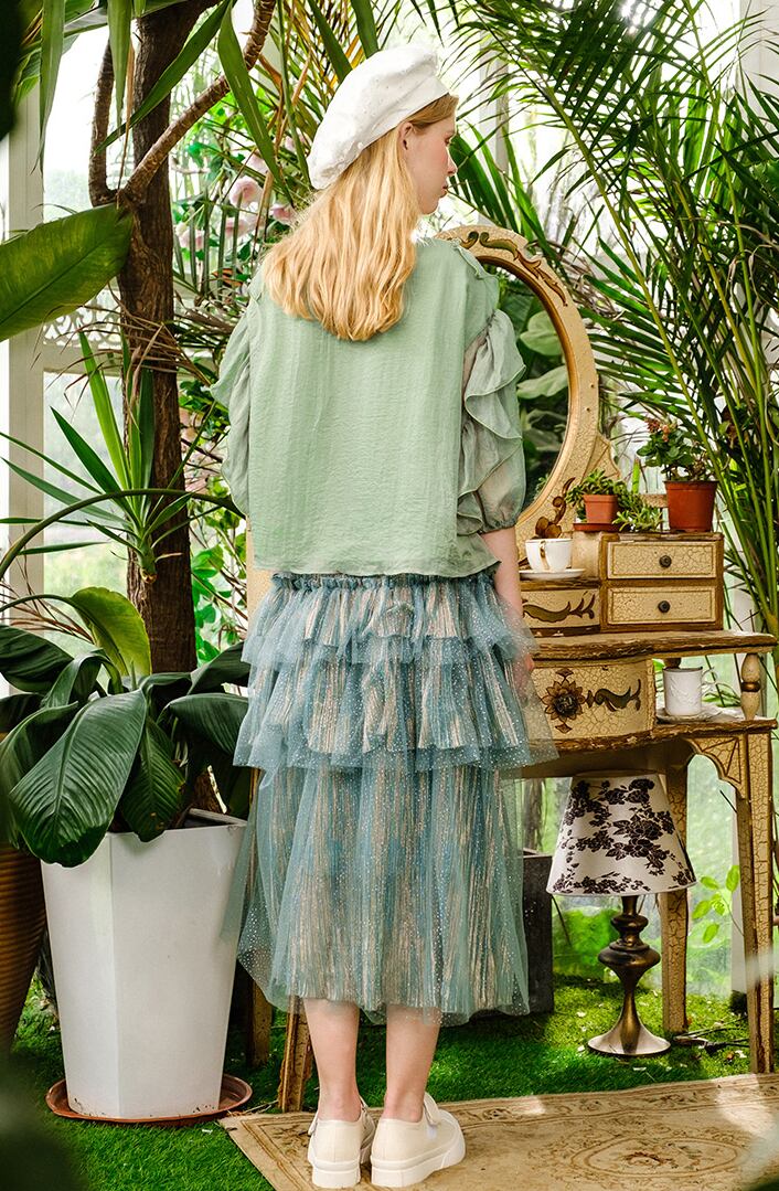 残り僅か 品切れ御免 レディース 古着 好き ヴィンテージ 風 高円寺 下北沢 原宿 コーデ 個性的 秋 冬 ラメ スカート チュール デート きれいめ 可愛い ビジュー レディースファッション 3段 フリルスカート フリル ミディ丈 スカート ボトムス 膝丈 ロングスカート