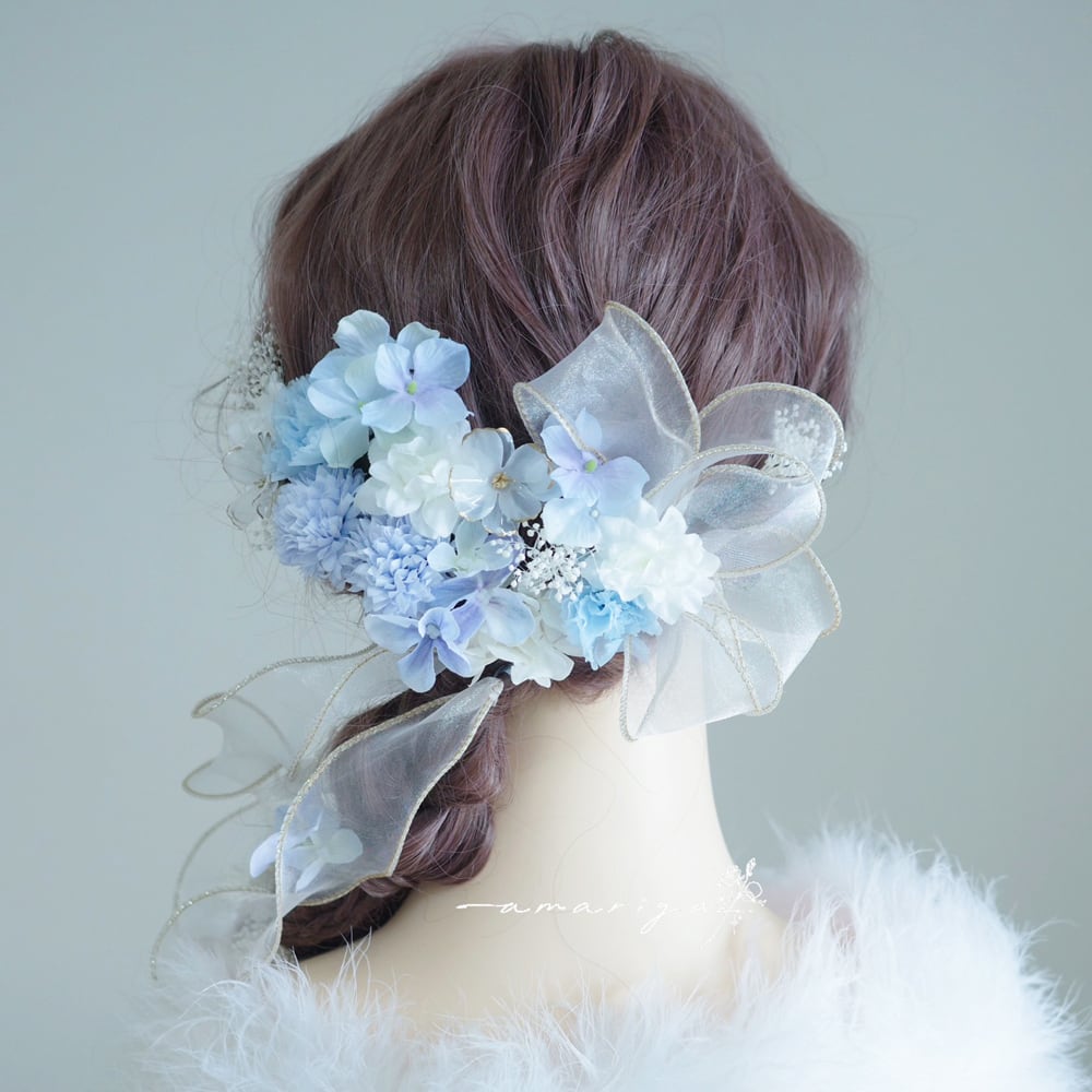 髪飾り シャーベットブルー紫陽花とロングリボン | amariya