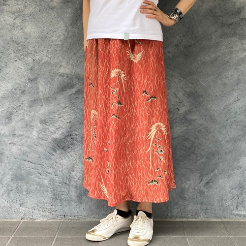 【SALE】着物リメイクギャザーロングスカート - kimono elastic waist skirt