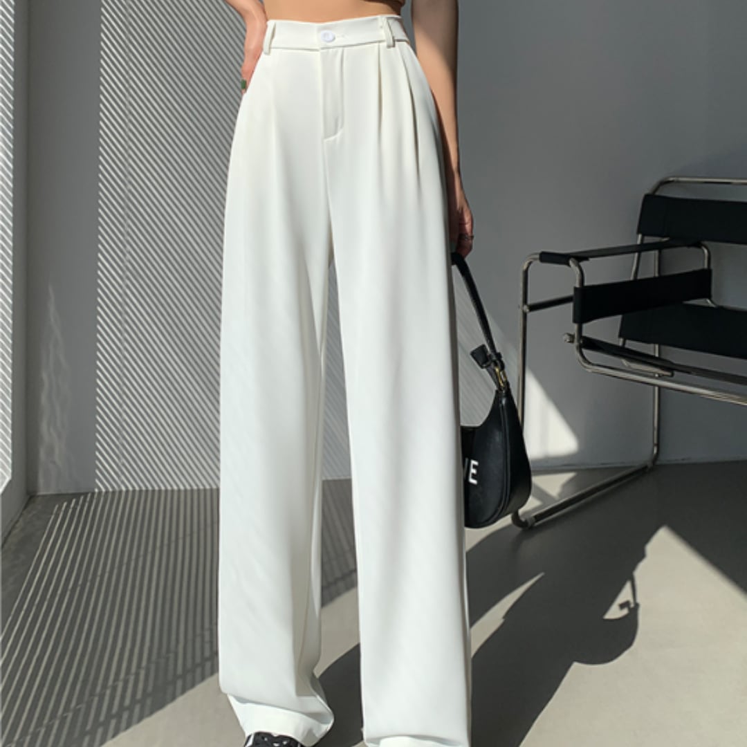 ダブルプリーツ ワイドレッグ パンツ(white)<ウエストストレッチ> o7