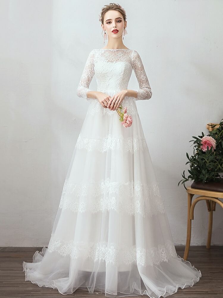 Vネック 長袖 シングルブレスト シンプル Aライン 花嫁 ウエディングドレス