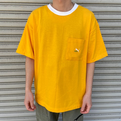 90s PUMA プーマ ワンポイントロゴTシャツ ポケT リンガー風 黄 L