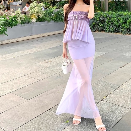 【2点セット】フリルデザインベアトップ＋シアーリボンスカート ・11755