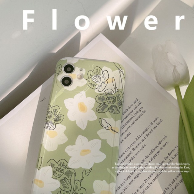 【iPhone16対応になりました】グリーンが爽やか◎スイセン 花柄 フラワーモチーフ ペイント かわいい スマホケース ND-14096