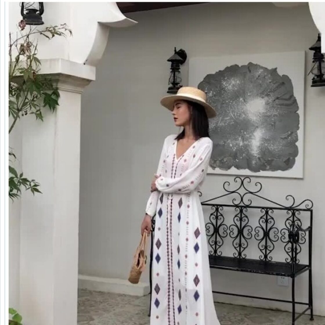 レディース 大きいサイズ 服 ワンピース ワンピ レディース エキゾチック ロング丈 マキシ丈 タッセルリボン 長袖 ワンピース ワンピ 刺