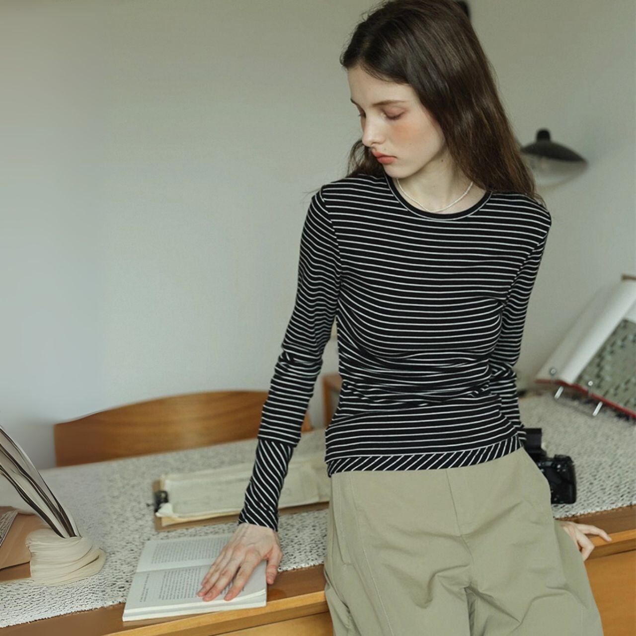 Noir Parisien Rayé Long Sleeve Tee F0482