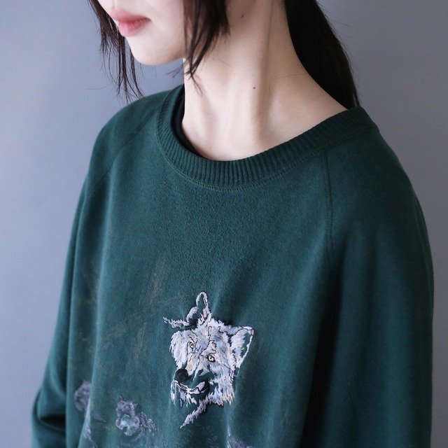 "刺繍×狼" good animal design over silhouette sweatshirt