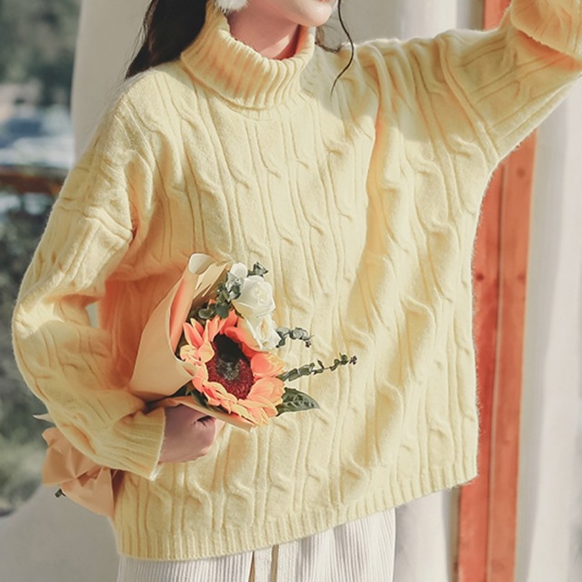 タートルネックケーブルニットセーター　T0431