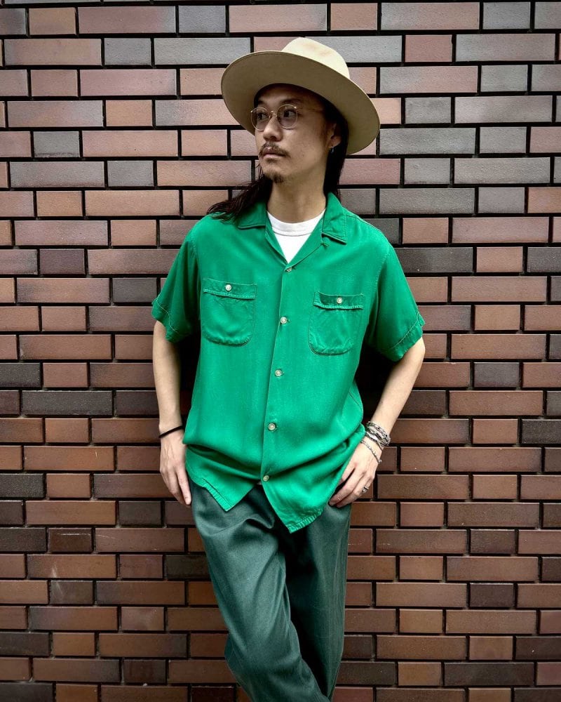 60sビンテージ クラウンプリンス 無地レーヨンシャツ グリーン S
