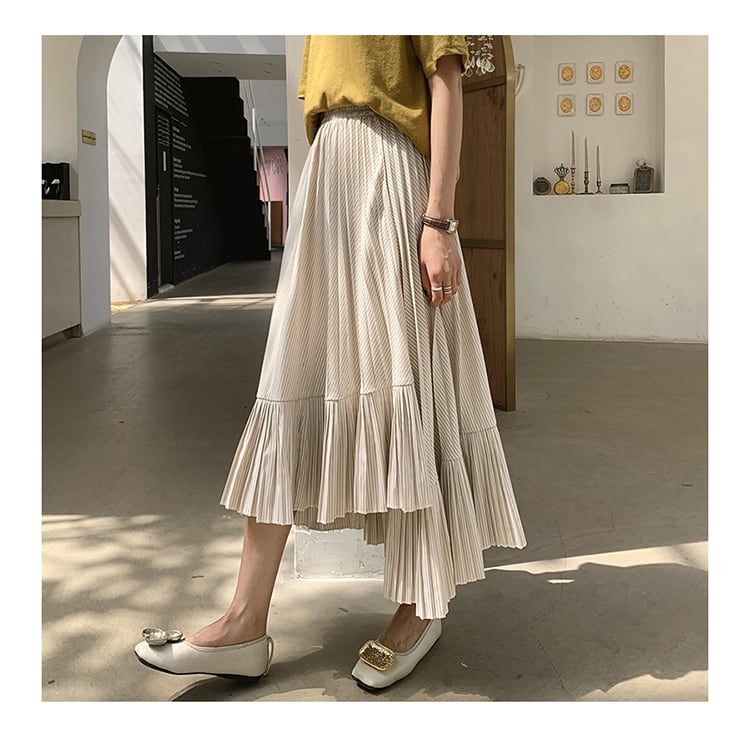 Z-20030 スカート ロングスカート ミモレ丈 裾プリーツ アシンメトリー