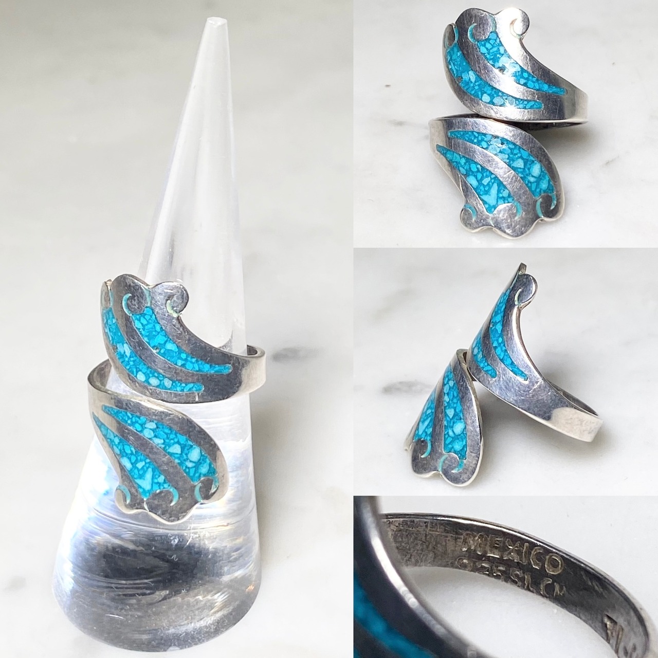 vintage mexican silver serpent ring set with turquoise (size14, 4.42g)