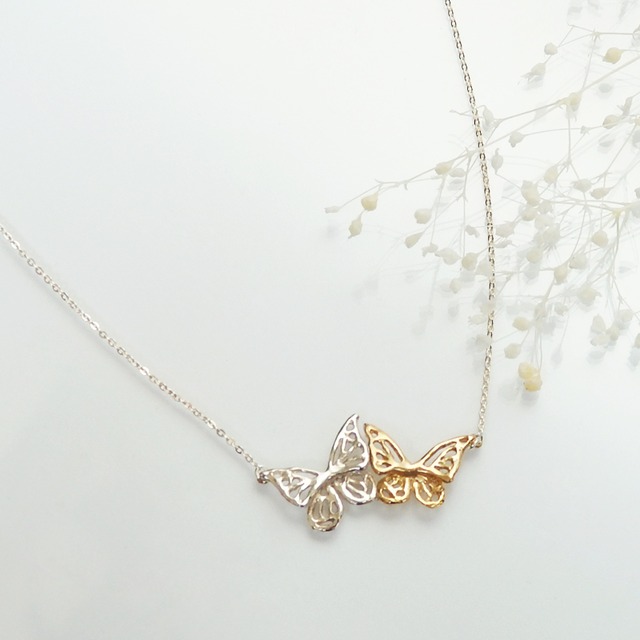 ツインバタフライネックレス(silver×gold)